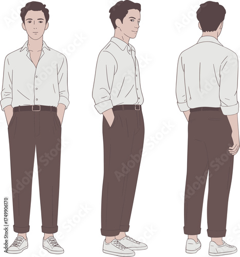 Stylish young man in casual outfit, rolled-up sleeves shirt and trousers, standing front, side, and back view fashion illustration, minimalist style