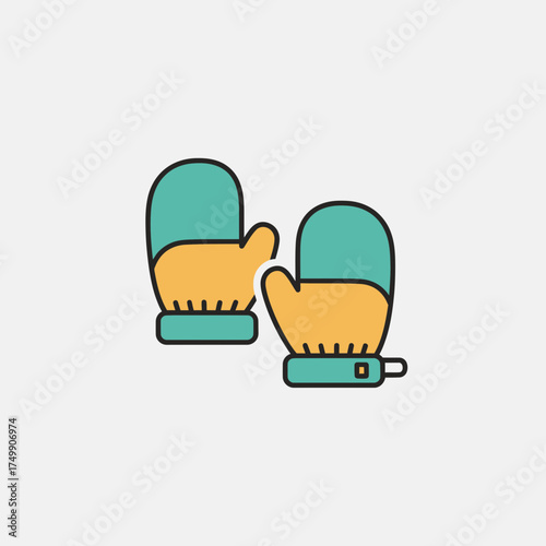 Two cartoon mittens in teal and yellow colors on a light gray background.