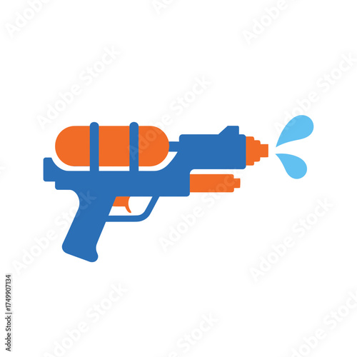 Blue and orange water gun shooting water droplets on a white background.