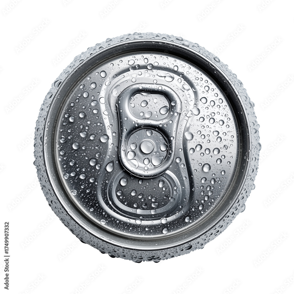 Obraz premium Close-up view of a wet aluminum can with droplets, showing detailed texture and condensation on a smooth surface Generative AI