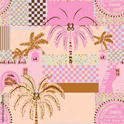 Summer coquette berry and fruits seamless pattern. Preppy wallpaper, hand drawn ribbons and bows patchwork print. Garden vector illustration, checkered romantic background, textile design, plaid.
