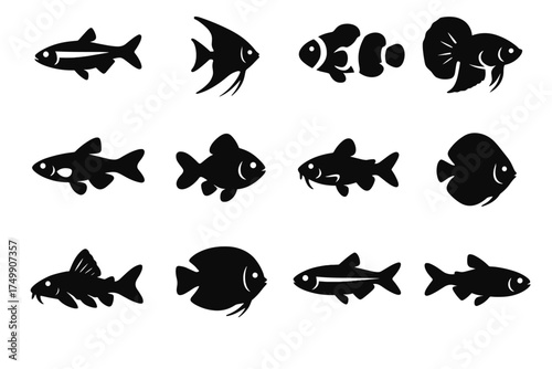 Aquarium fish vector guppy clownfish pleco tetra danio discus icon goldfish corydoras