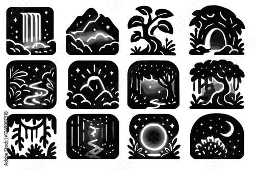 Starry luminous foggy jungle vines twisted vector canopy icon neon icons glowing