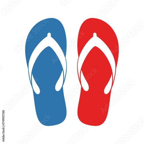 Blue and red flip-flops footwear isolated on white background.