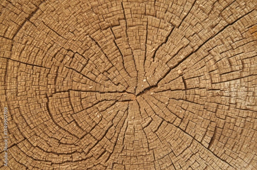 Fototapeta premium Detailed texture displaying concentric growth rings and radial cracks within a tree trunk section