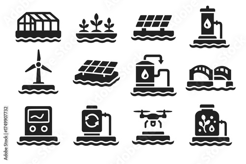 Icon greenhouse recycling collection vector floating walkway nutrient bridge algae farm tank