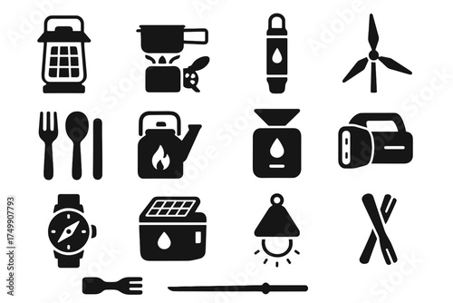 Flashlight gadget collector clip tent cooler fan eco icon watch cutlery vector