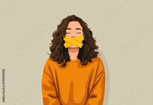 Woman with mouth covered by tape – censorship and silence illustration