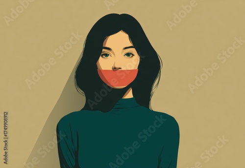 Woman with mouth covered by tape – censorship and silence illustration