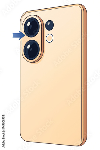 Modern Smartphone Back View Vector Illustration with Dual Camera Module and Arrow Icon Pointing to Lens for Tech Explainers. Adobe Illustrator Artwork