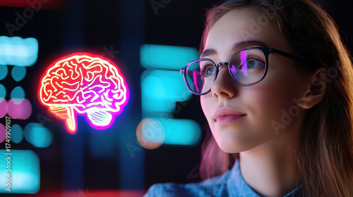 Glowing brain illustration beside thoughtful young woman with glasses, reflecting on creativity and intelligence in modern setting