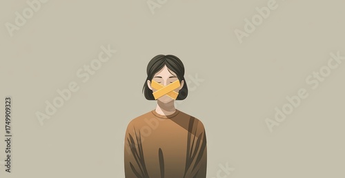Woman with mouth covered by tape – censorship and silence illustration