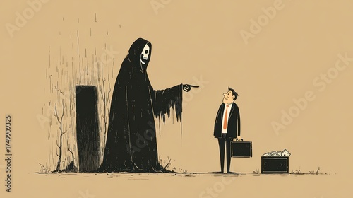 Grim Reaper and businessman with money bags in grave – concept of wealth and death