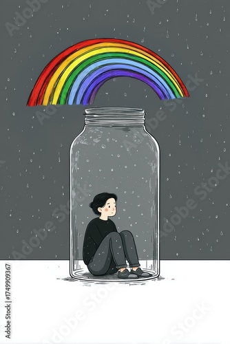 Sad woman trapped in jar with rainbow above – depression and hope illustration