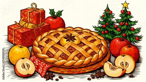 A cozy, hand-drawn still life for the Christmas holidays. Features a homemade apple pie Quince pie with a lattice crust, gifts, and fir trees. Isolated on white, ideal for cards and festive designs