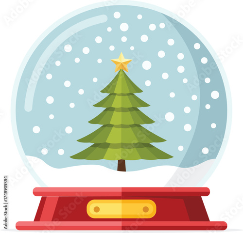 A festive snow globe illustration featuring a decorated Christmas tree inside with falling snow, set on a red base.