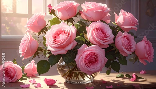 Pink Roses in Vase, Beautiful Floral Arrangement.