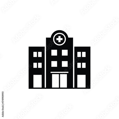 Simple black and white icon of a modern hospital building with a cross symbol