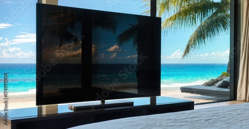 Wallpaper Mural Glossy black screen tv off ocean view hotel suite with palm reflections Torontodigital.ca