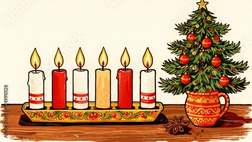 A warm, hand-painted Christmas still life featuring traditional Advent candles in an ornate folk art holder and a decorated tree. A cozy, nostalgic illustration perfect for holiday greetings  