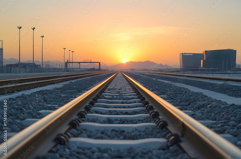 Fototapeta premium Sunset in the late afternoon and a well-developed railway line that runs straight. And the railway line is next to the airport. Beautiful view and comfortable atmosphere.