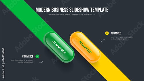 Advertising Forecast Slideshow Layout Vector Illustration. Product Report 2 Element Infographic Frame Design. Visual Performance Two Step Diagram Slide Template.