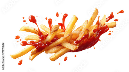 flaying french fries with ketchup splash isolated on transparent white background,