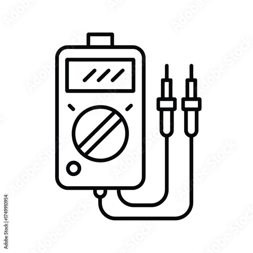 Line art illustration of a digital multimeter with probes for electrical testing