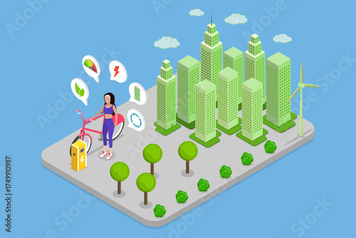 3D Isometric Flat Vector Illustration of City E-bike, Electric Bike Charging