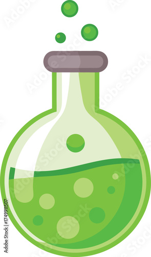 Spooky Bubbling Green Potion Vector – Halloween Flask Illustration, Halloween Green Potion Flask Vector – Magical Bubbling Elixir Art, laboratory flask with green liquid