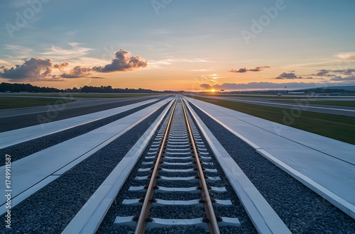Sunset in the late afternoon and a well-developed railway line that runs straight. And the railway line is next to the airport. Beautiful view and comfortable atmosphere.