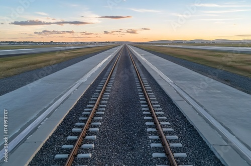 Sunset in the late afternoon and a well-developed railway line that runs straight. And the railway line is next to the airport. Beautiful view and comfortable atmosphere.