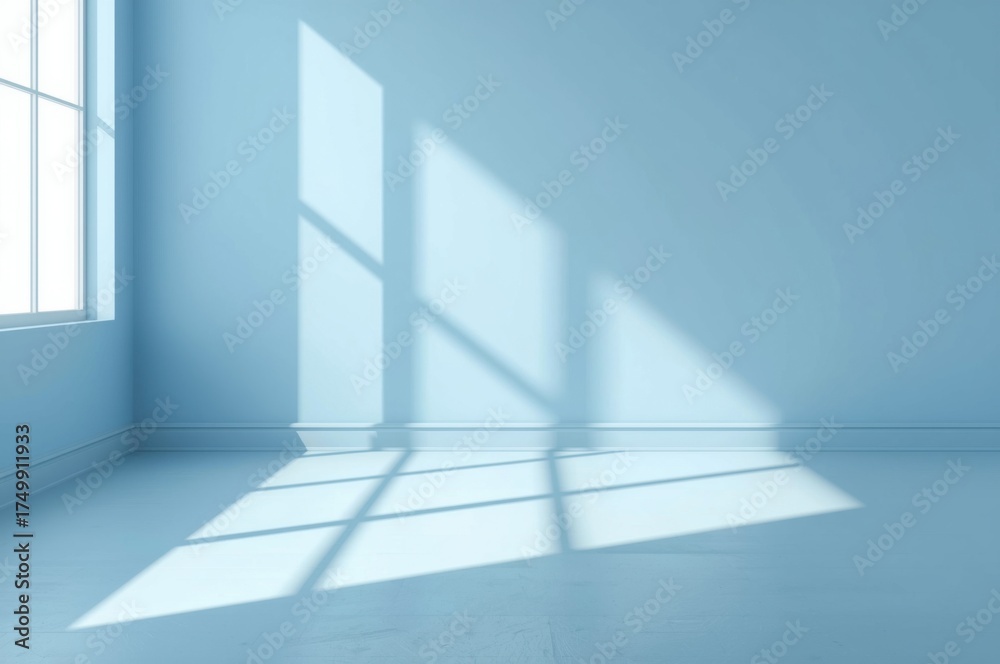 Fototapeta premium Minimalist blue room illuminated by window light casting geometric shadows on the wall