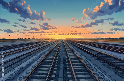 Sunset in the late afternoon and a well-developed railway line that runs straight. And the railway line is next to the airport. Beautiful view and comfortable atmosphere.