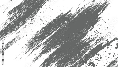 Gray brush strokes and splatters on white background abstract black