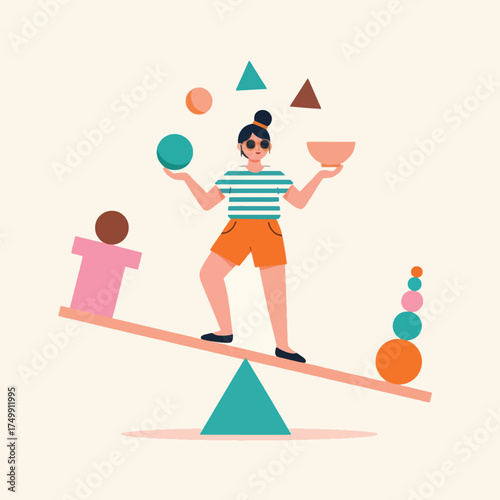 Illustration of a woman balancing objects on a seesaw isolated on white background