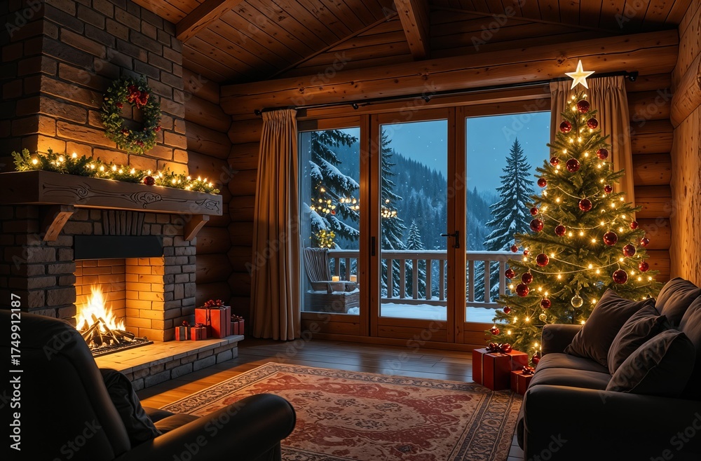 Fototapeta premium Cozy interior of a winter chalet with a fireplace and a Christmas tree, panoramic windows and snow. High quality photo