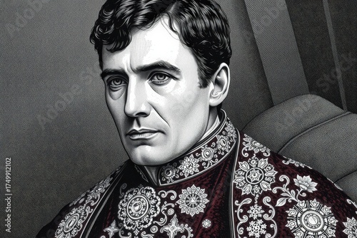 A distinguished historical figure in ornate regal clothing, with intricate brocade details on dark fabric.