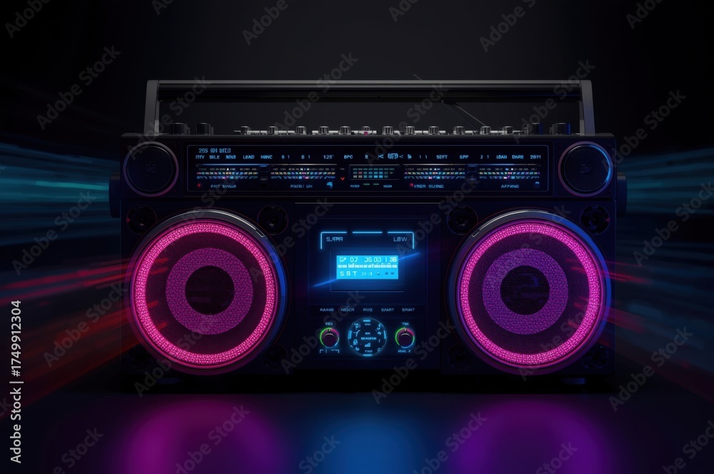 Fototapeta premium Nostalgic Audio, Capturing the Retro Boombox Aesthetic with Vibrant Neon Lights