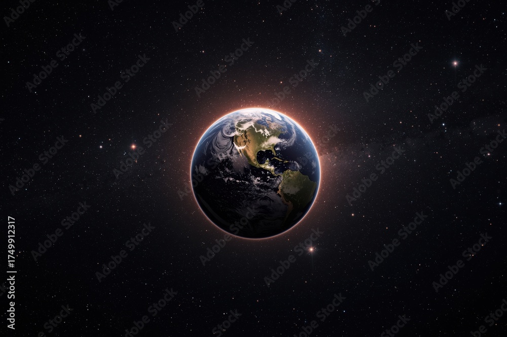 Fototapeta premium Planet earth view from space showing continents, oceans and illuminated atmosphere