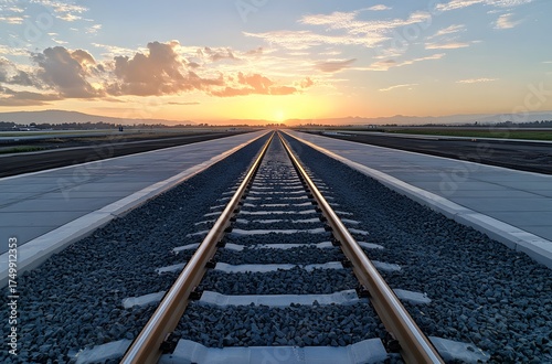 Sunset in the late afternoon and a well-developed railway line that runs straight. And the railway line is next to the airport. Beautiful view and comfortable atmosphere.