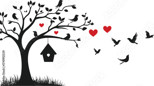 Silhouette of a love tree with birds flying away and hearts on a white background