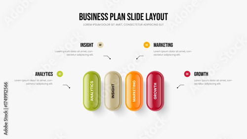 Digital Solution Slide Layout Vector Illustration. Company Insight Four Element Diagram Slideshow Design. Modern Development 4 Option Infographic Presentation Template.