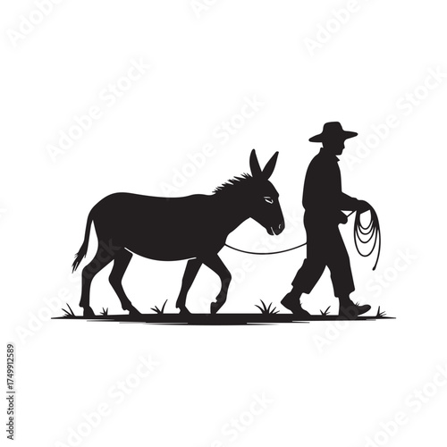 Vector art of silhouette of a cowboy leading a donkey on a, creating a striking contrast and emphasizing the subjects