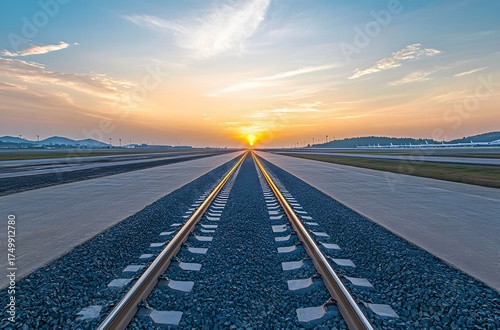 Sunset in the late afternoon and a well-developed railway line that runs straight. And the railway line is next to the airport. Beautiful view and comfortable atmosphere.