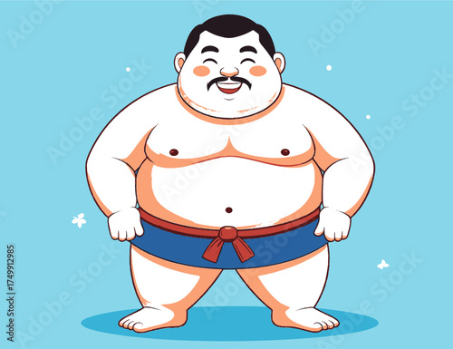 Funny Vector Art of Sumo Wrestler in Welcoming Pose on Blue Background.