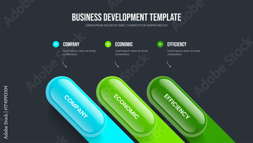 Visual Introduction 3 Step Diagram Slideshow Design. Professional Portfolio Frame Template Vector Illustration. Company Strategy Three Element Infographic Slide Layout.