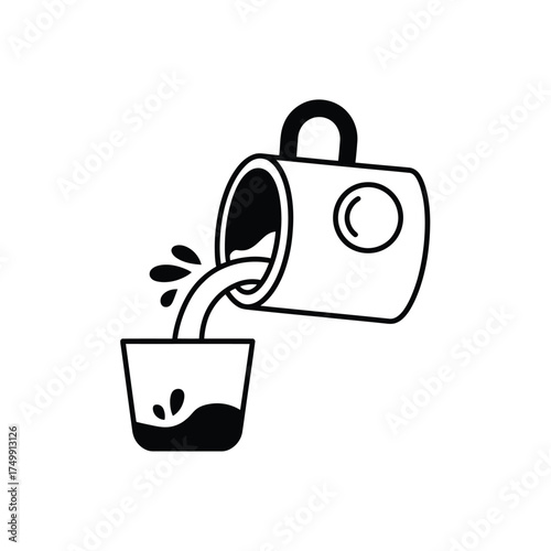 Hand drawn illustration of coffee pouring from a mug into a small cup