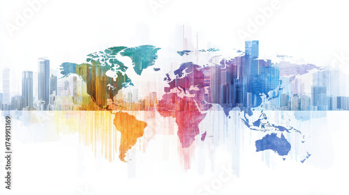 Colorful world map overlaying city skyline, showcasing urban development and global connectivity, evoking sense of exploration and diversity