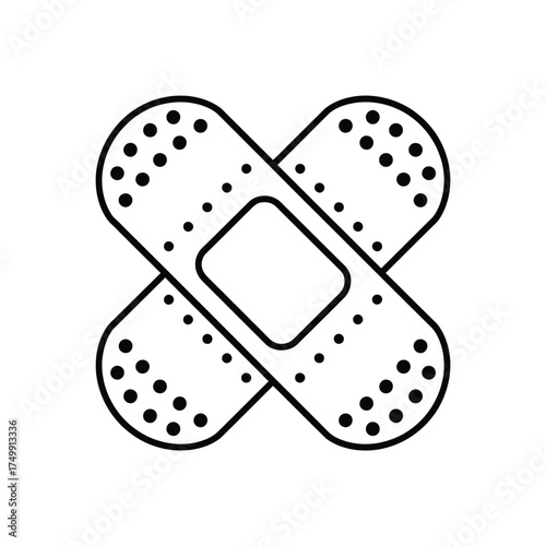 Simple line drawing of two crossed adhesive bandages on a white background
